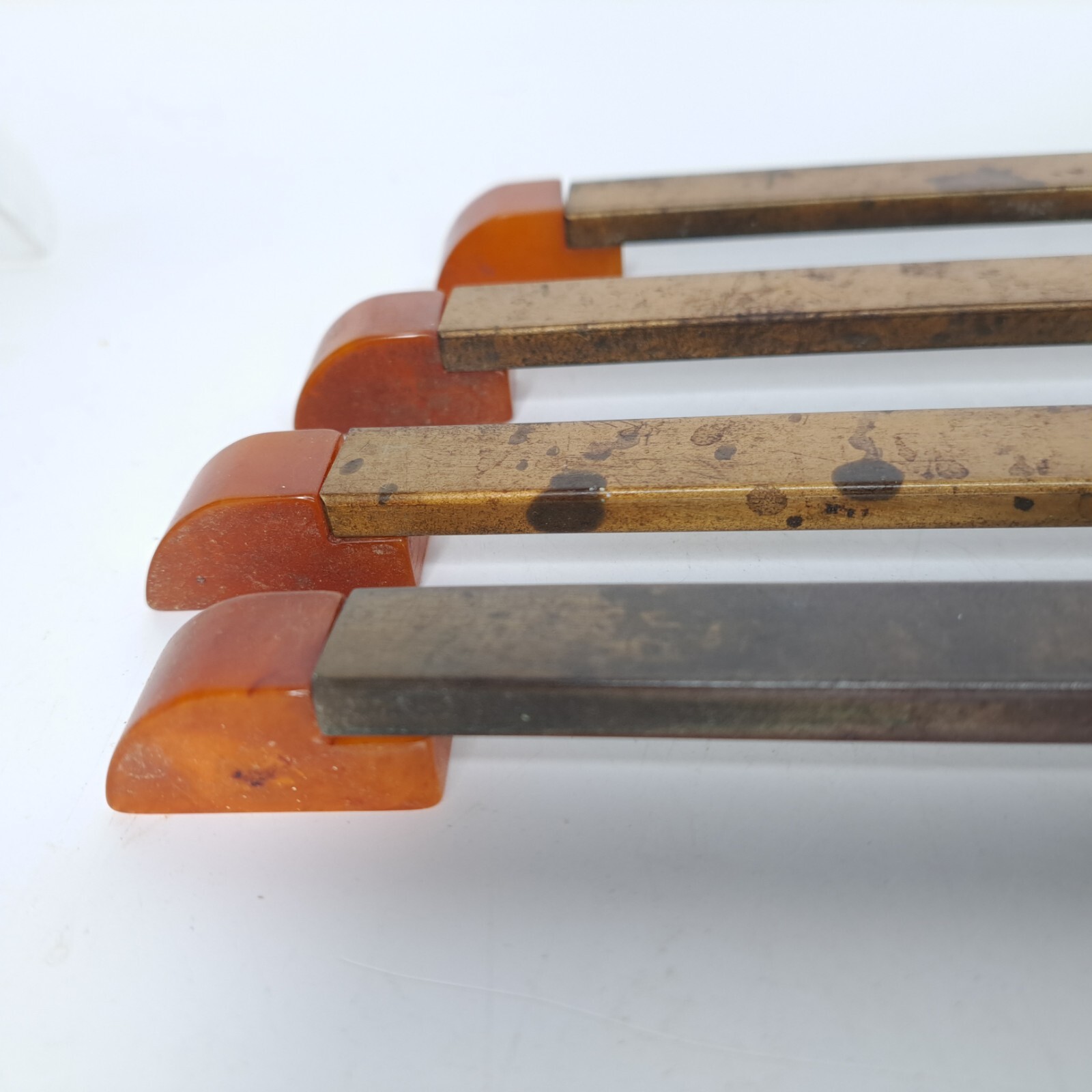 4 Antique ART DECO Butterscotch Bakelite Brass Plated Bar Drawer Pulls Reclaimed