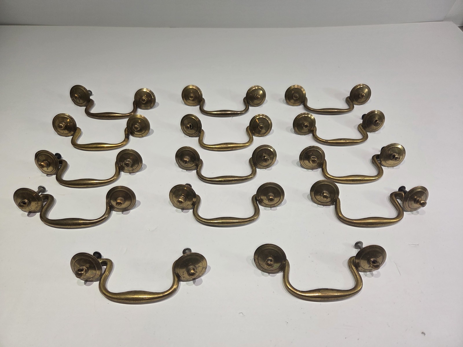 Lot 14 Vintage Cast Brass Swan Neck Bail Drawer Pulls Handles Restoration Metal