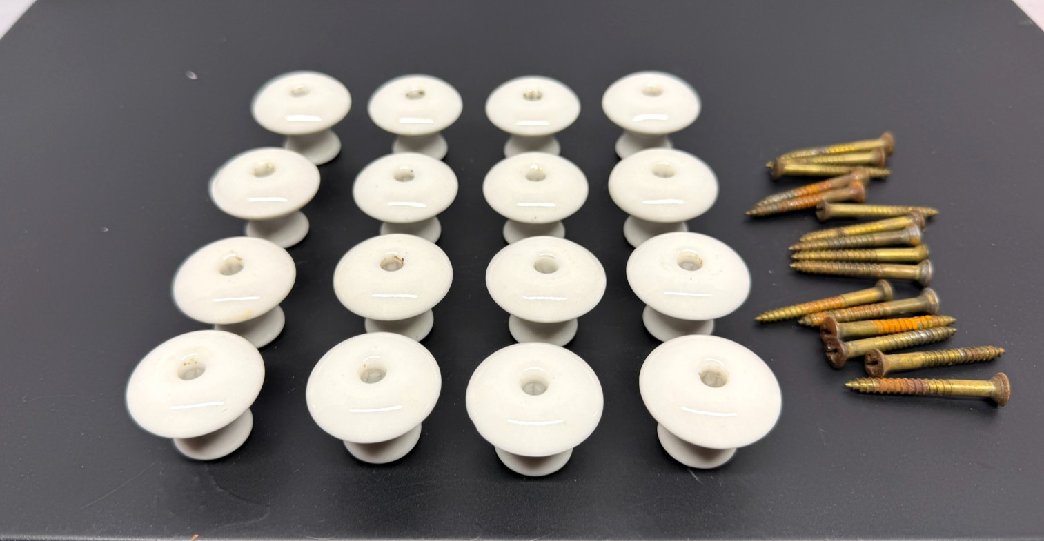 Group of 16 Vintage White Porcelain Pull Drawer Knobs w/ Screws 1-1/4″ Wide