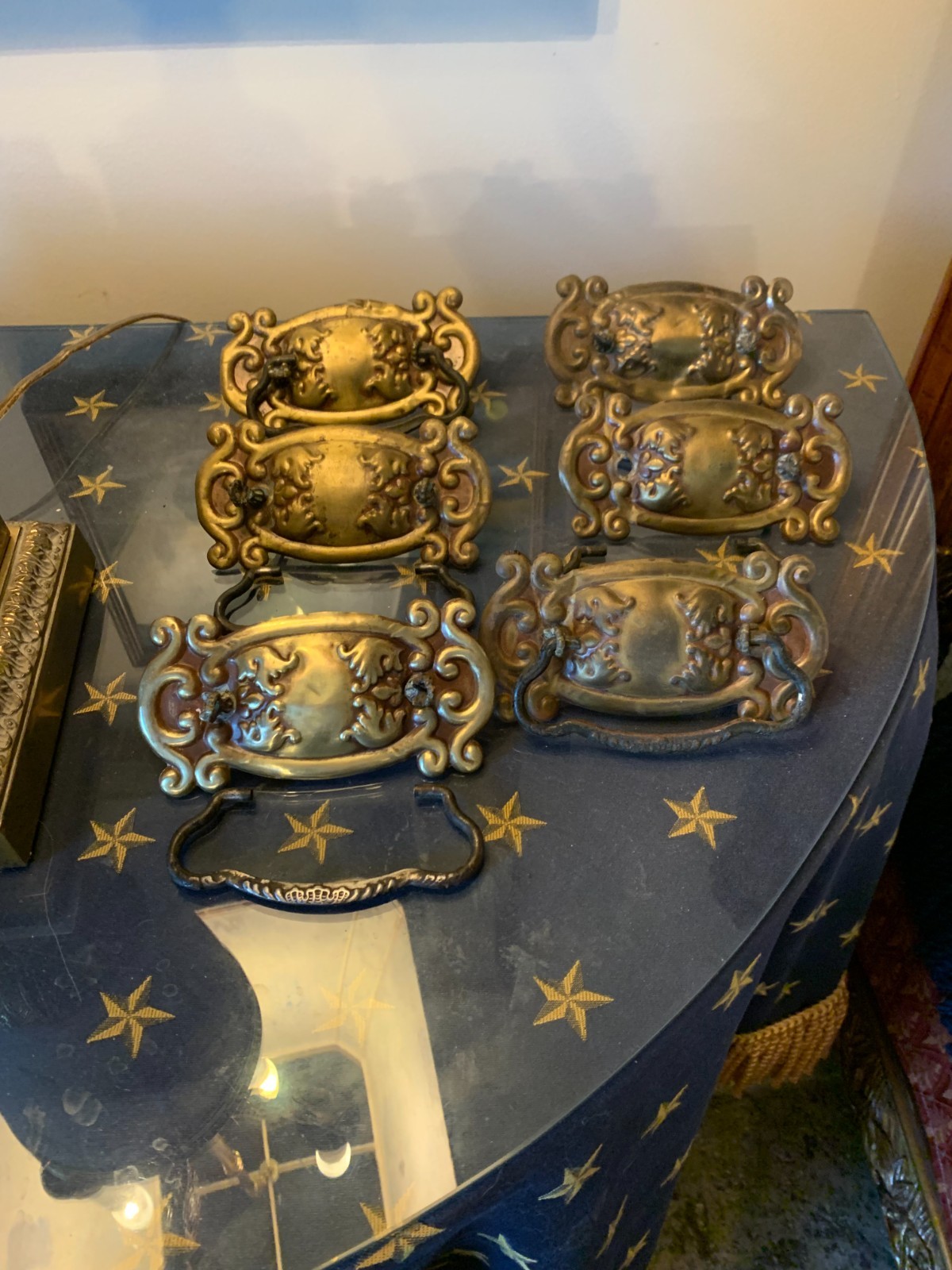 c1880-1900 Antique Six stamped Brass Drawer Pulls 3″ Bore