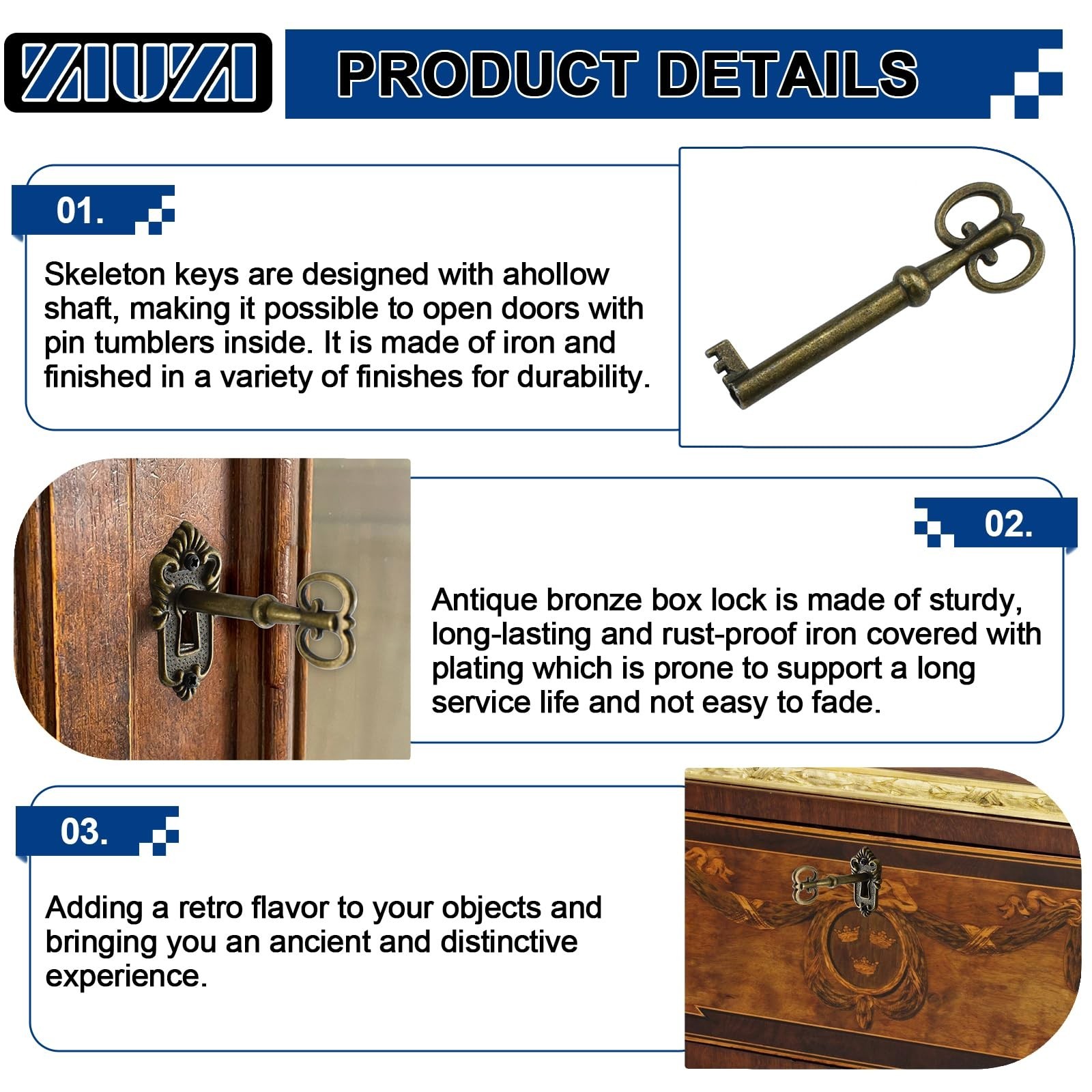 2Pcs Bronze Antique Cabinet Lock, Furniture Decorative Lock with Skeleton Key…