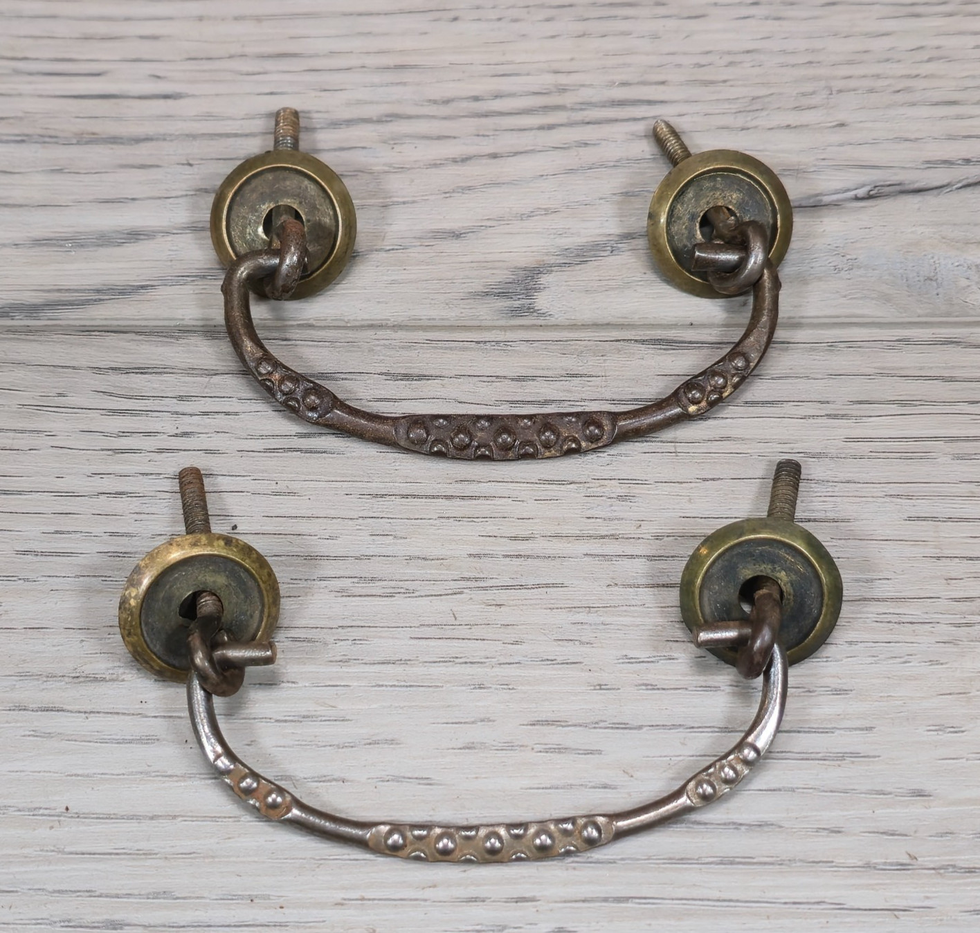 Pair Vintage Brass Hobnail Beaded Bail Pulls 3″ CTC 4″L Drawer Handles Rosettes