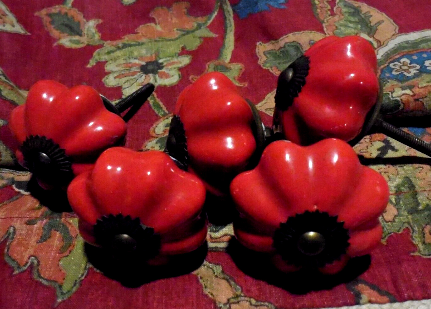 5 Red Rustic Drawer Cabinet Knobs Handles – Pumpkin Shaped Brass Hardware