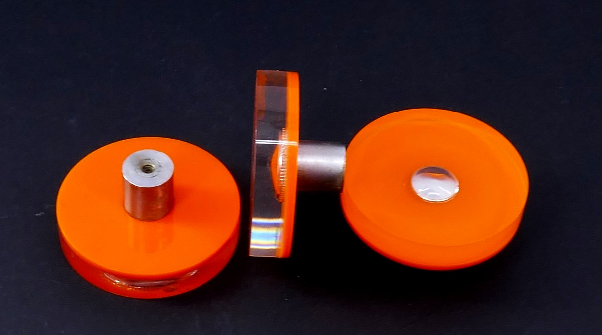 3 LARGE ORANGE LUCiTE MiD CENTURY 2-1/2″ ROUND CABiNET DRESSER DRAWER PULL KNOB