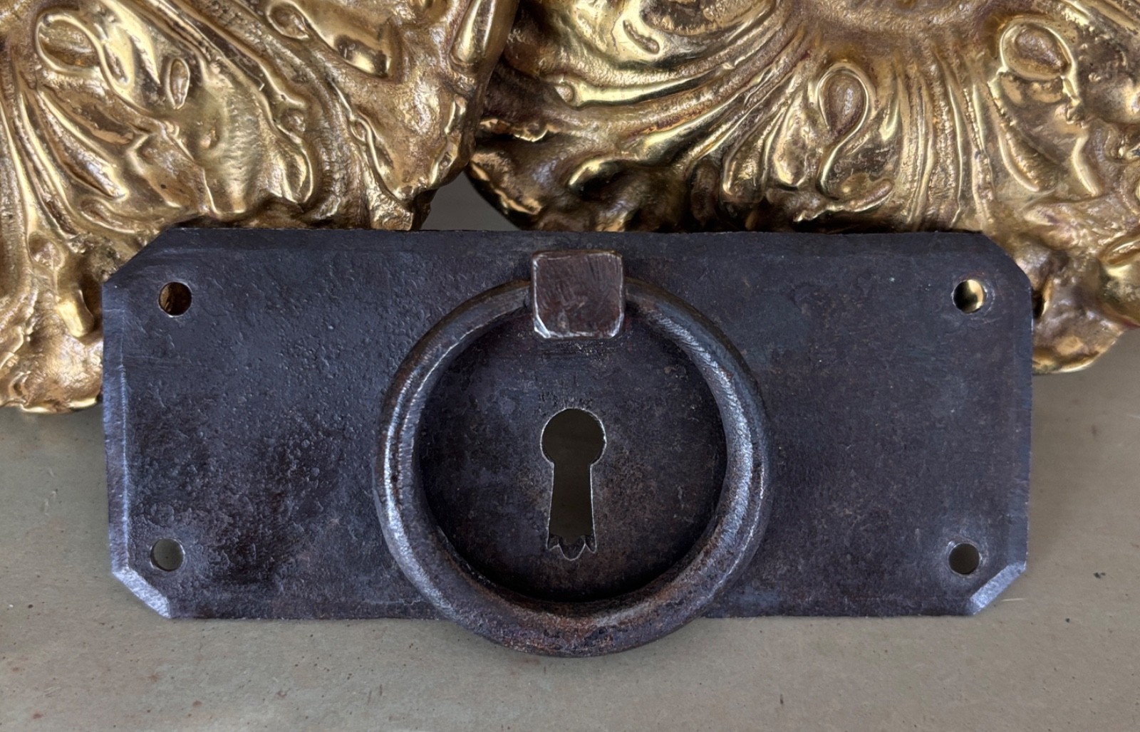 Vintage French Drawer Metal Hardware Drop Ring Pull Keyhole Cover Plate Salvage