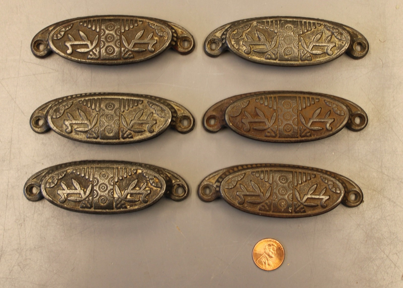 04/13 Set of 6 Authentic Antique Iron Drawer Pulls, Victorian Hardware, Eastlake