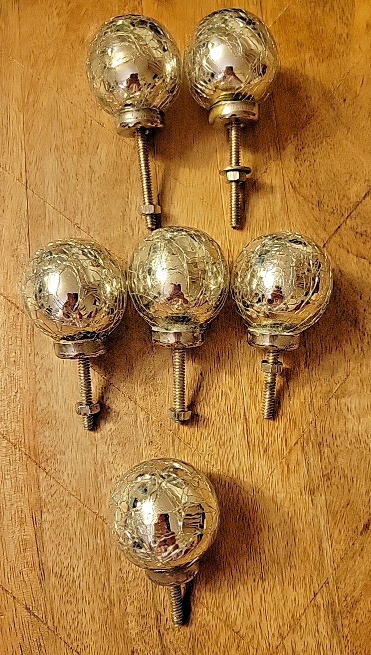 6 SILVER CRACKED MERCURY GLASS CABINET DRAWER HANDLE PULLS 1.5” Diameter