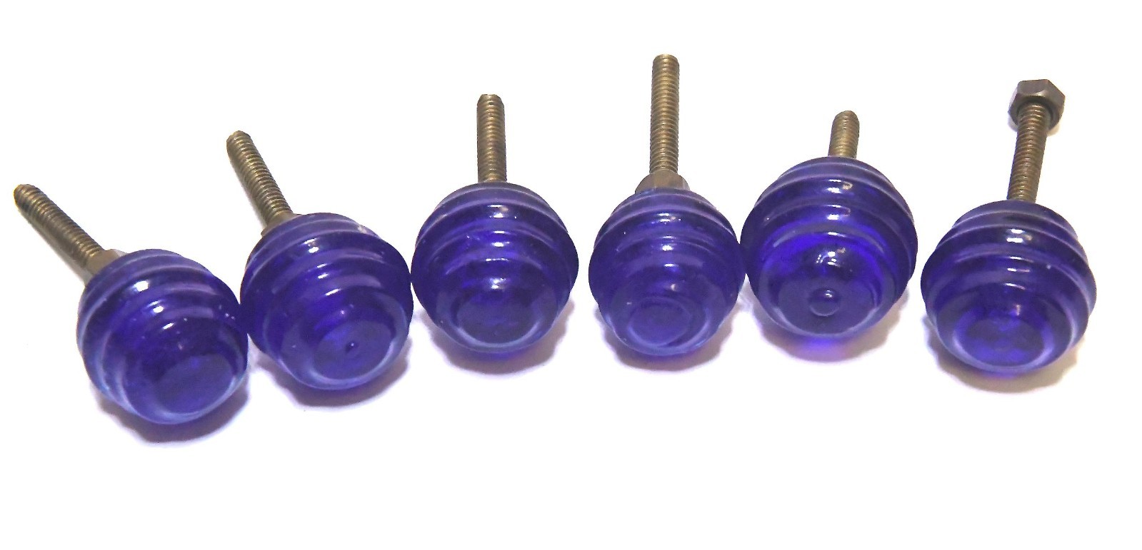 RARE 6 VINTAGE COBALT BLUE GLASS DRAWER PULLS KNOBS