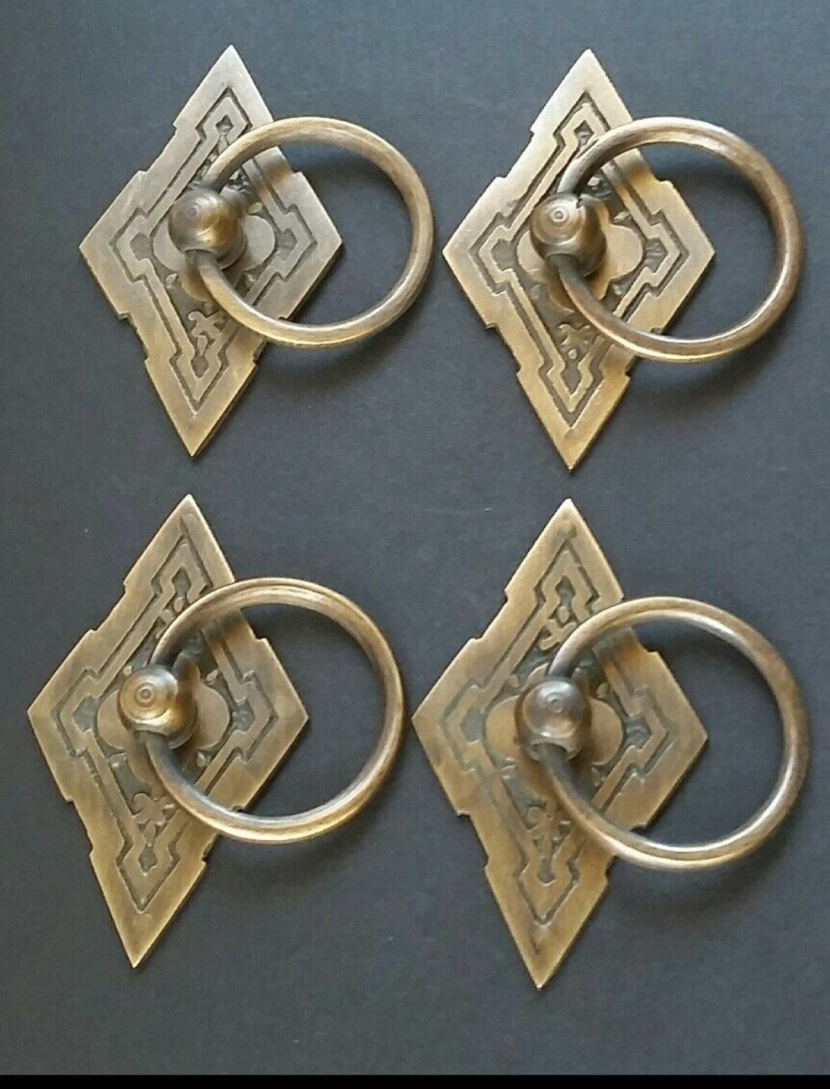 4 x Eastlake Antique Style Brass Ornate Ring Pulls Handles 2-3/8″ wide #H15