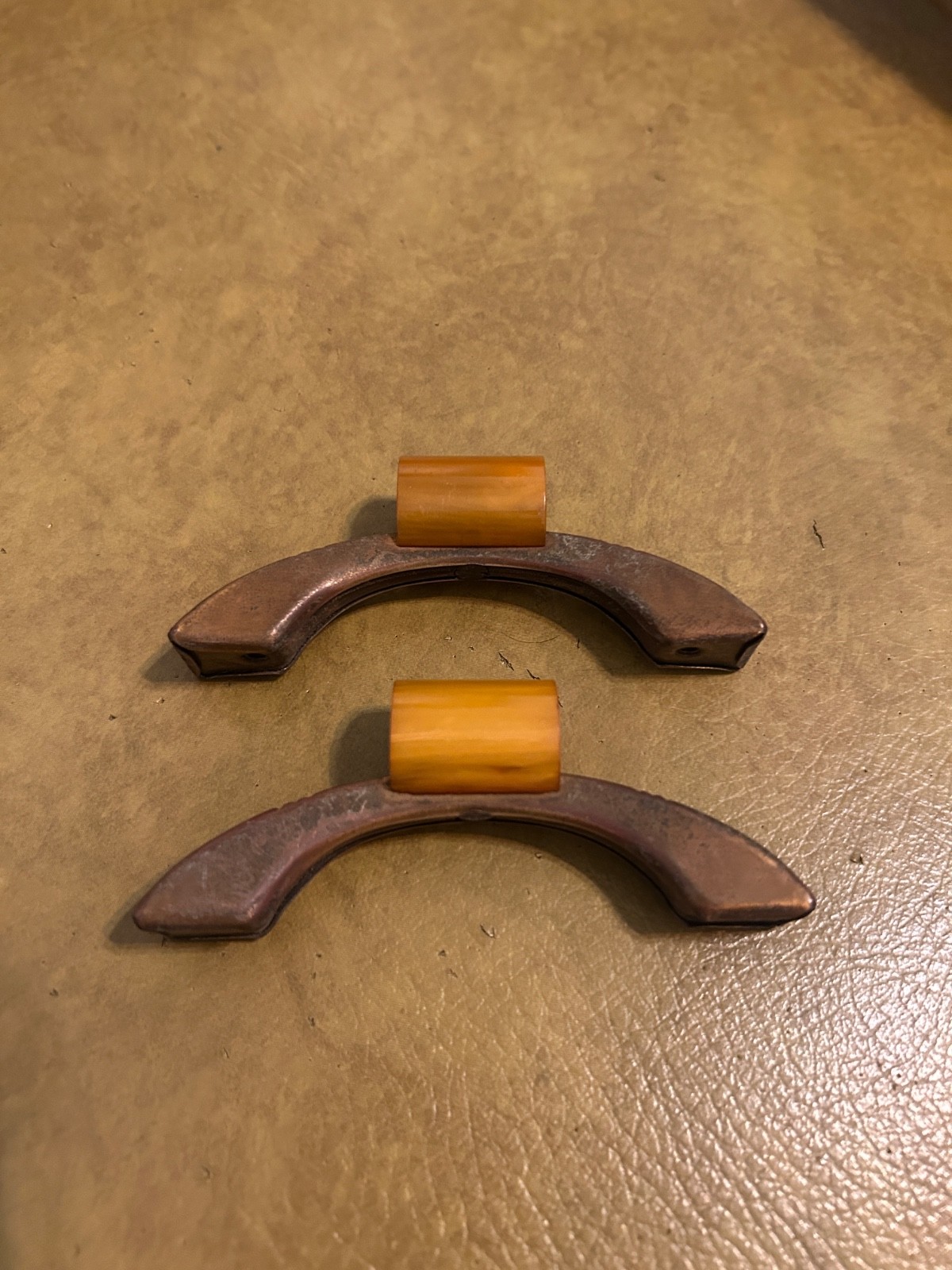 Vintage Art Deco Brass Drawer Pulls w/ Butterscotch Bakelite 4″ Set of 2