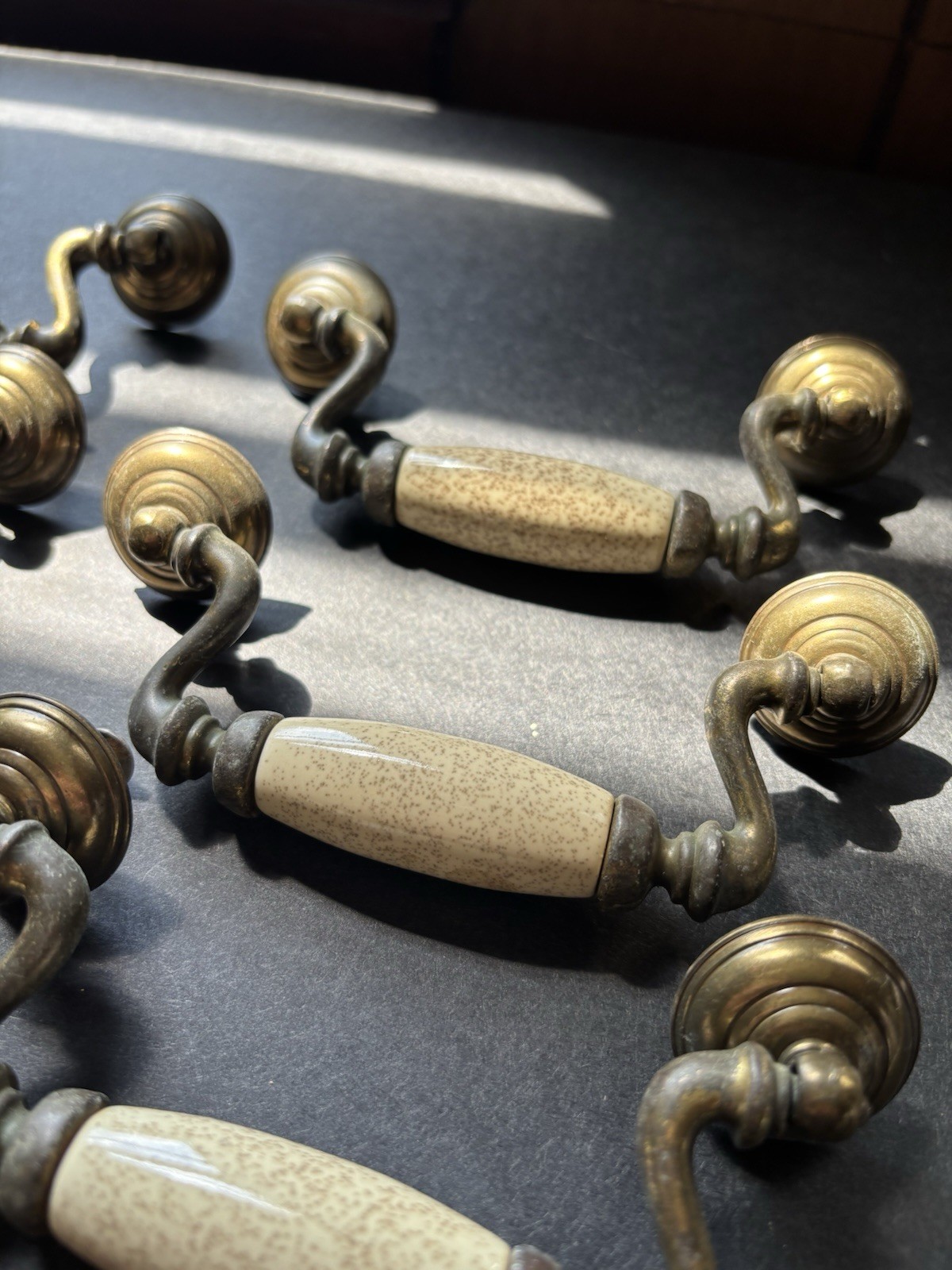 Brass And Porcelain Drawer Handles 4 1/2 Inch 6 Handles 3 Knobs Vintage Pulls