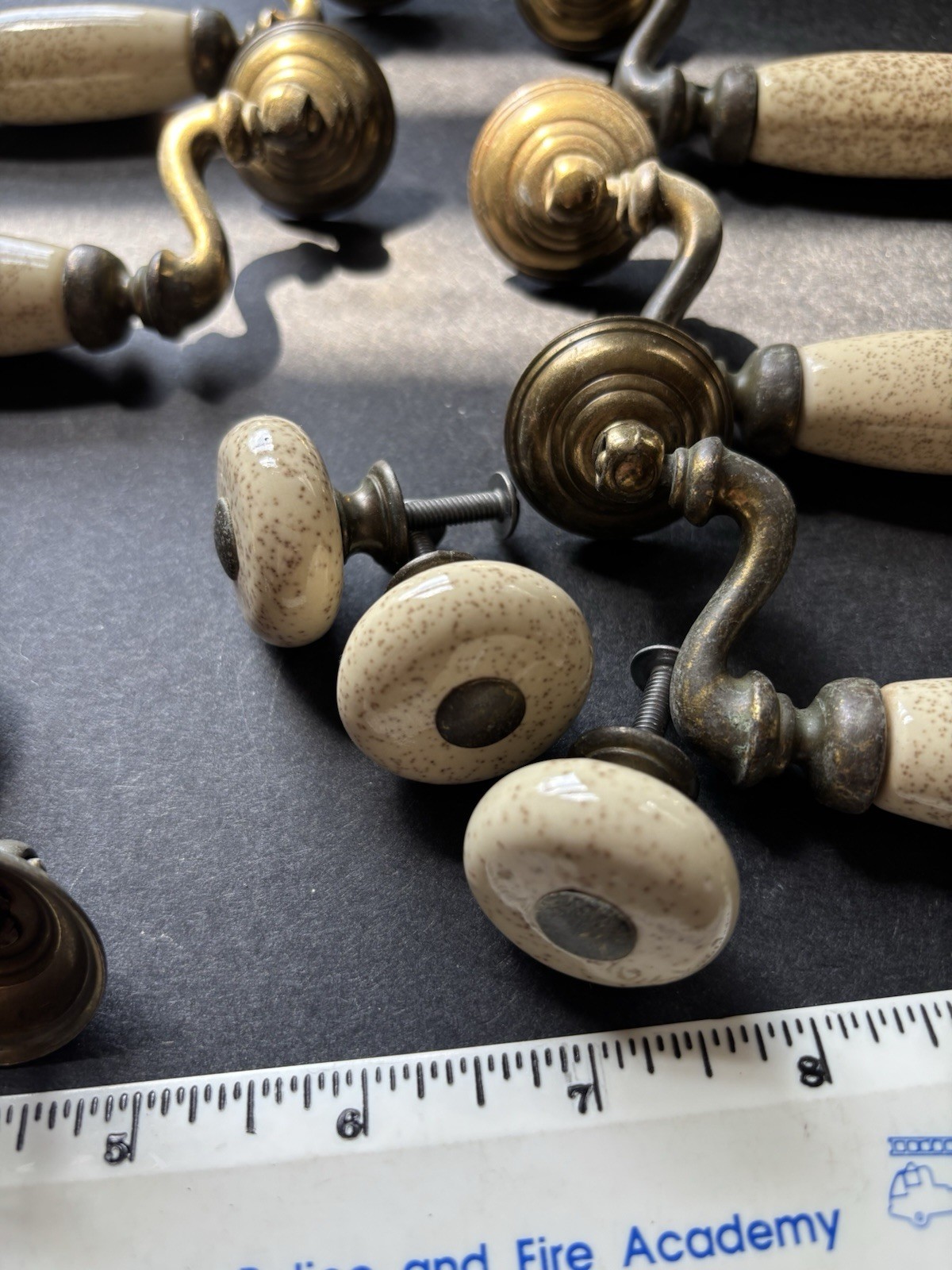 Brass And Porcelain Drawer Handles 4 1/2 Inch 6 Handles 3 Knobs Vintage Pulls