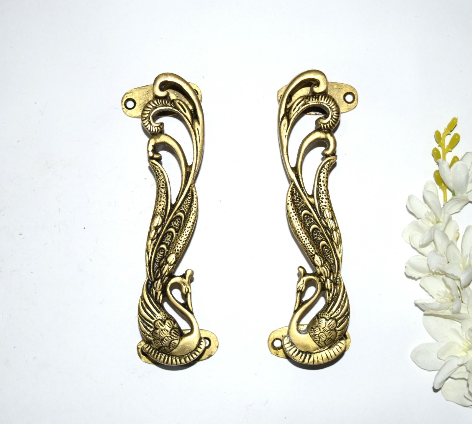 Brass Peacock Door Handle Pair 7” Inches Turkey Bird Design Almirah Pull EK560