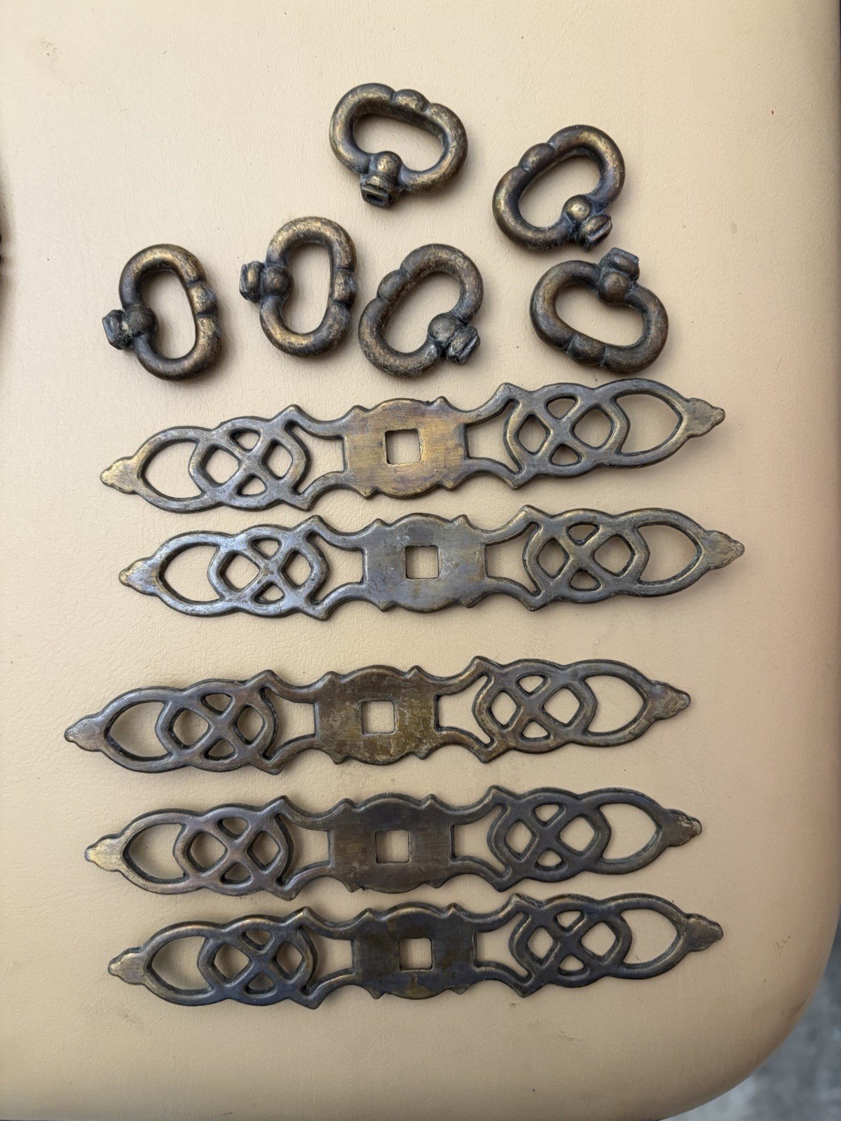 Antique Brass Bronze Bail Pull Drawer Pulls Scrollwork Theme Rusted Lot
