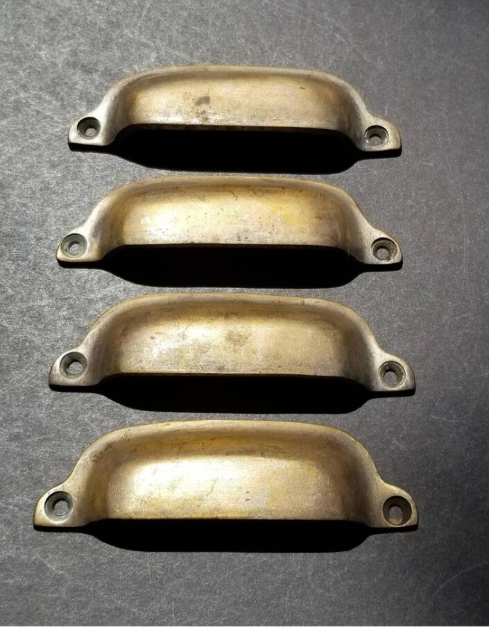 4 Ant Style Solid Brass Apothecary Cup Drawer Bin Pull Handles 3-3/8″ cntrs #A19