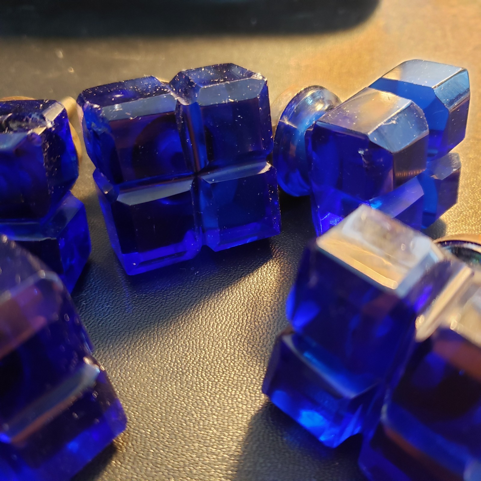 Vintage Cobalt Blue Cut Glass Square Drawer Knobs Pulls Brass Lot of 6