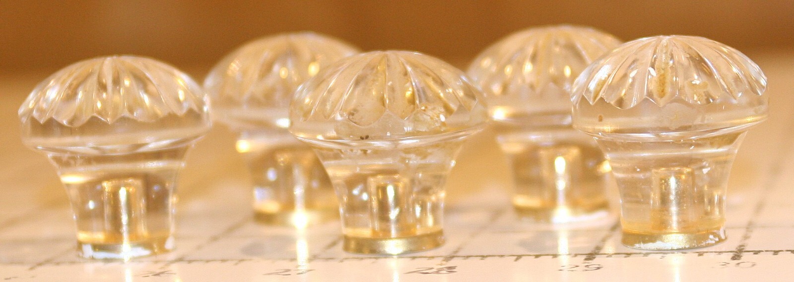 Set/5 Clear Glass Dresser Knobs 1.5” Tall 1.5 wide brass base