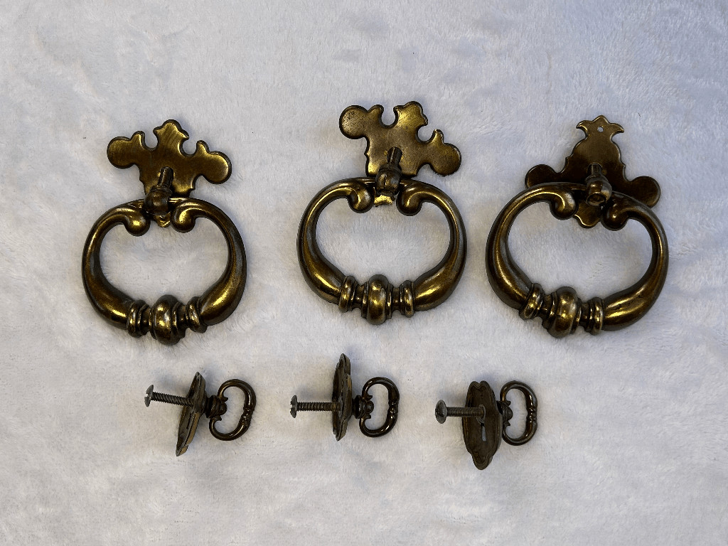 Vintage Drawer Pulls/Handles Mixed Lot, Three of Each, Lock & Key Style Brass