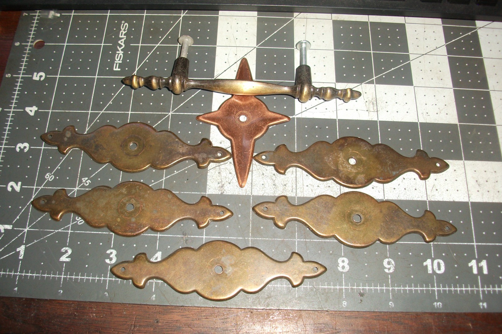 LOT 1920s/30s Vintage Art DecoBrass Handle Drawer Pull 3″ centers+backing plates