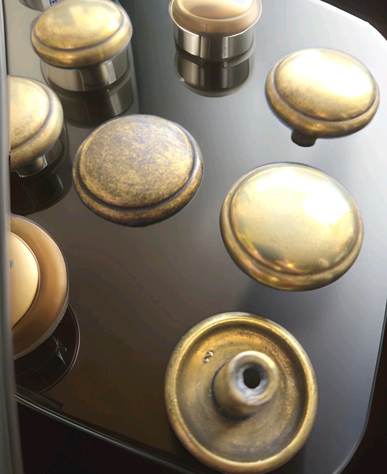 1960 Brass Cabinet Knob 1.25” Round Mushroom Drawer Pull (11 Avail)