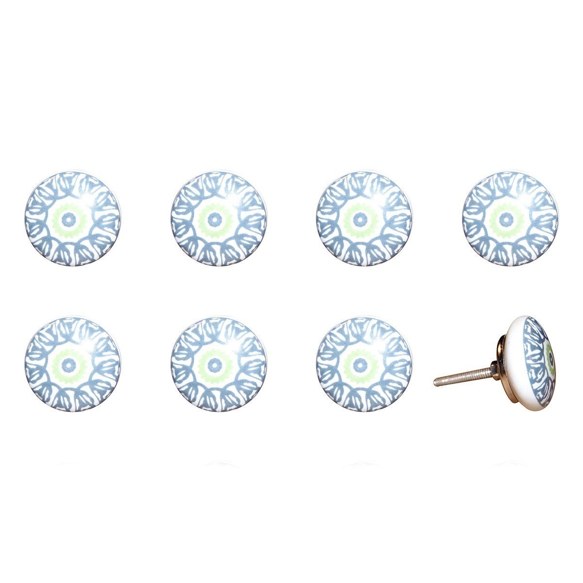 Set of Eight Light Blue And White Ceramic And Metal Drawer Pull Knobs