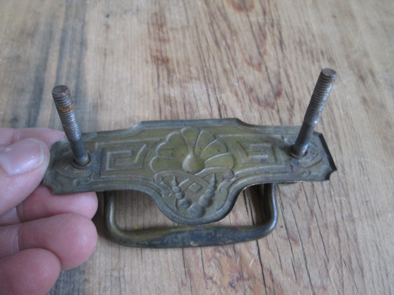 Vintage Drawer Pull Drop Bail Antique Brass Pull Cabinet Acorn Floral Pressed
