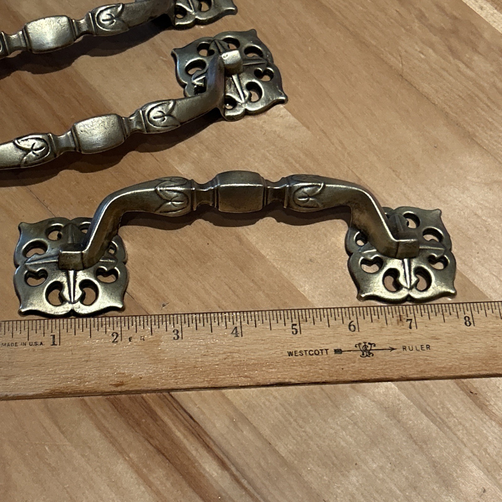 Set 6 Large Vintage 70s Solid Brass Celtic Drawer Handles Pulls 5 5/8” Centers