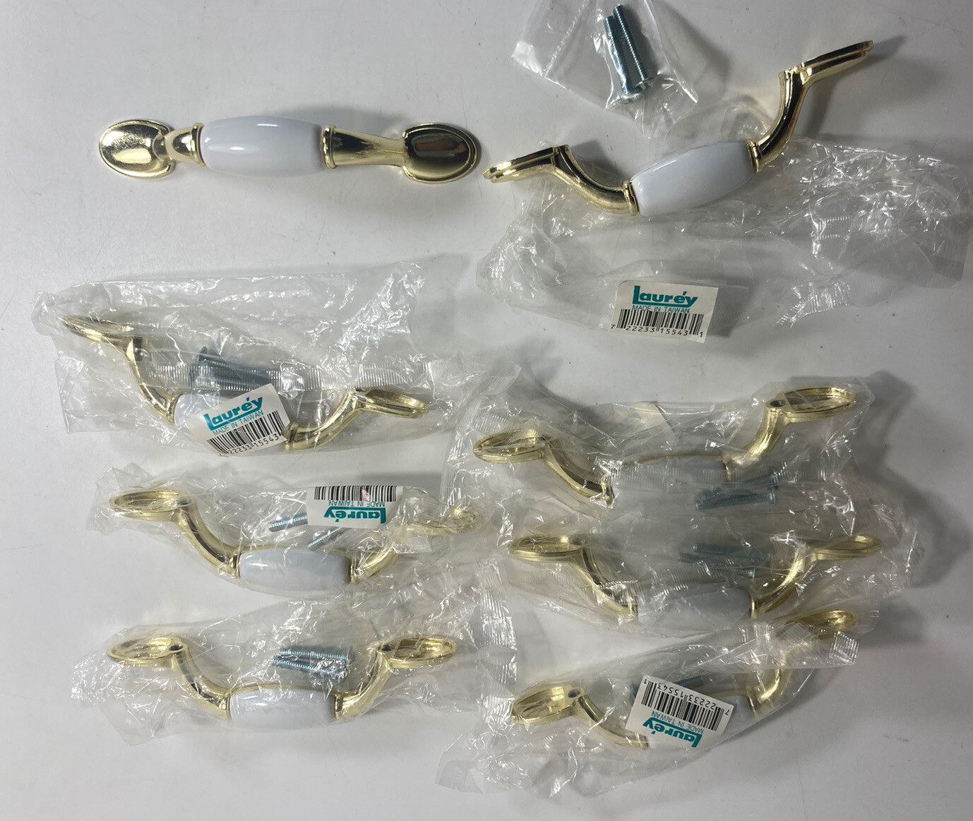 Vintage Brass Gold Tone White Porcelain Ceramic Drawer Handle Pull x8 Taiwan