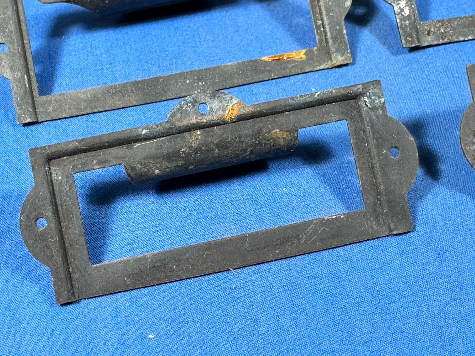 Vintage Japanned Drawer Pulls & Label Holder Plate Library , Apothecary Cabinet