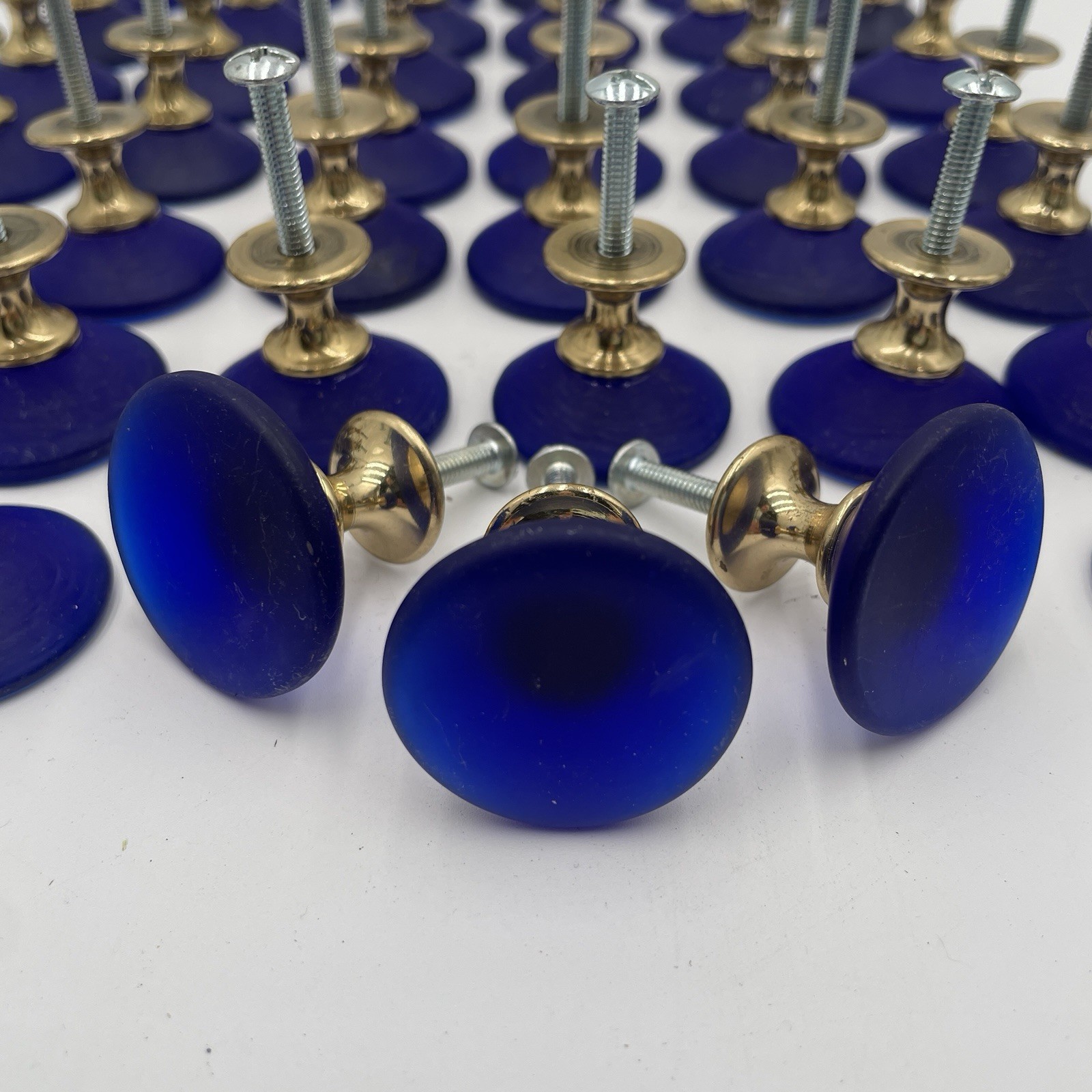Cobalt Blue Frosted Glass & Brass Deco Cone Knob Drawer Pull 1-3/8 Laurey (45)