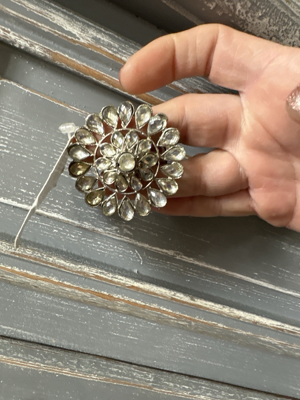 Vintage Silver Tone Floral Cabinet Knob Clear Faceted Flower Rhinestone Pull NOS