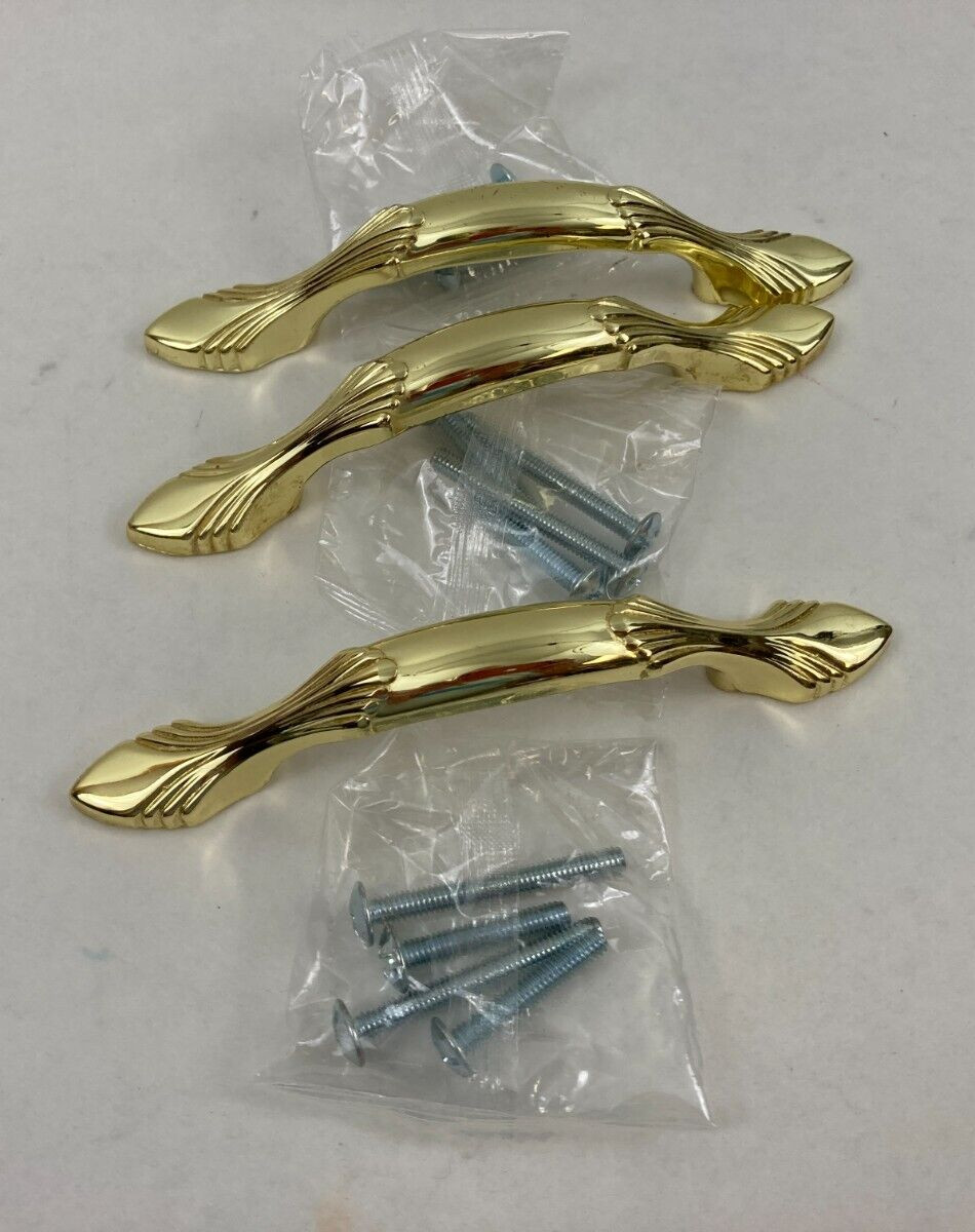 Polished Brass Drawer Pulls 3″ O.C. Preowned Lot of 3 Kitchen Bathroom