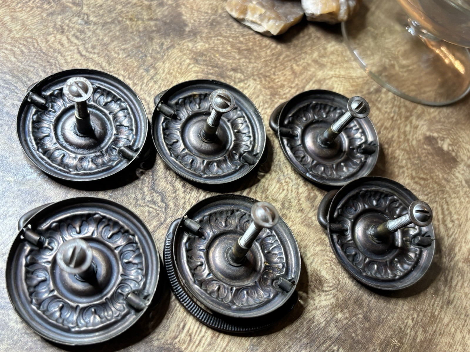 Antique Late Victorian Stamped Brass Ring Pulls Set of 6, Single Hole C. 1880