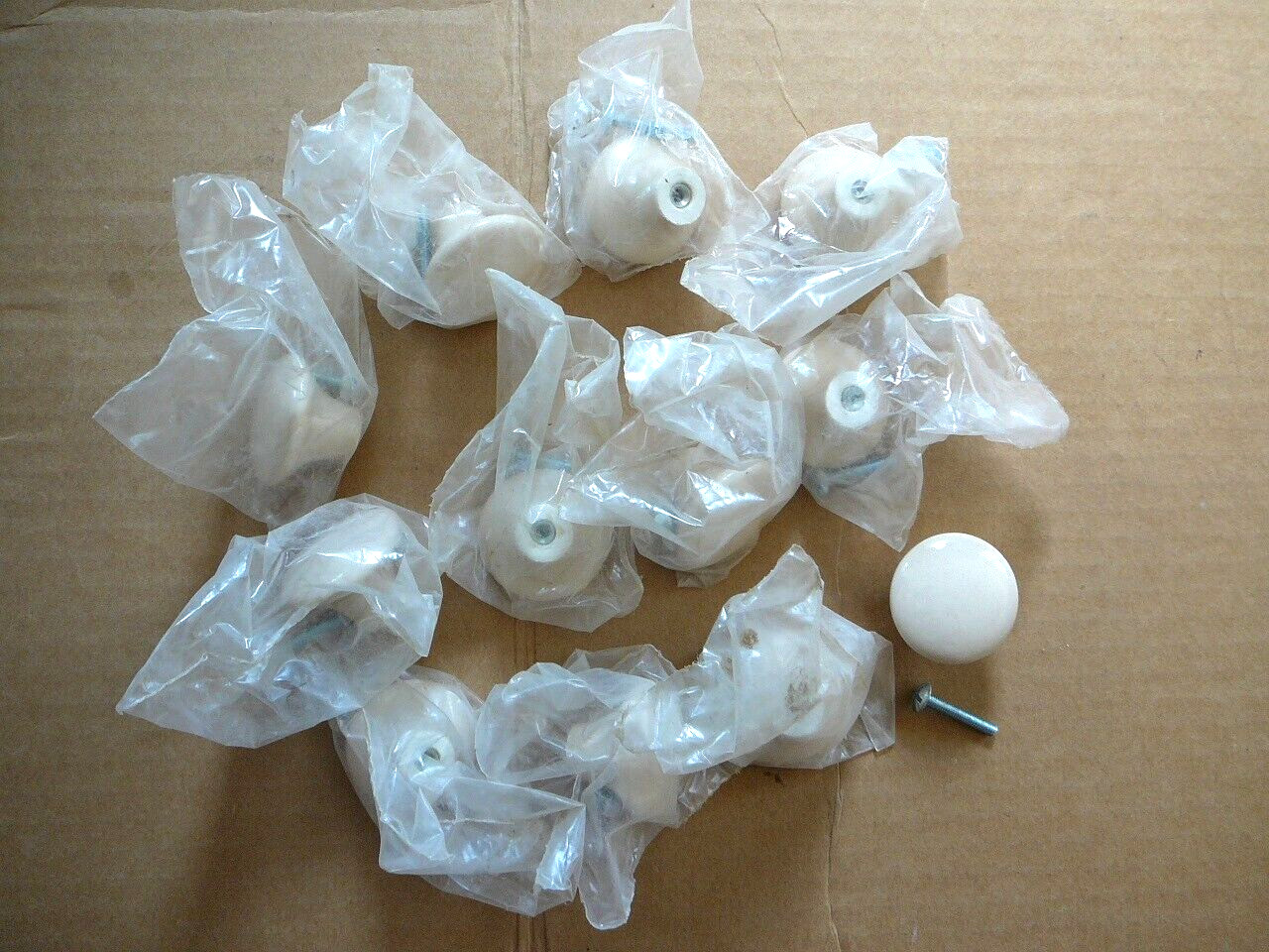 12 Vintage Round Porcelain Tan Beige Cabinet Drawer Knobs 1.5″ NOS With Screws