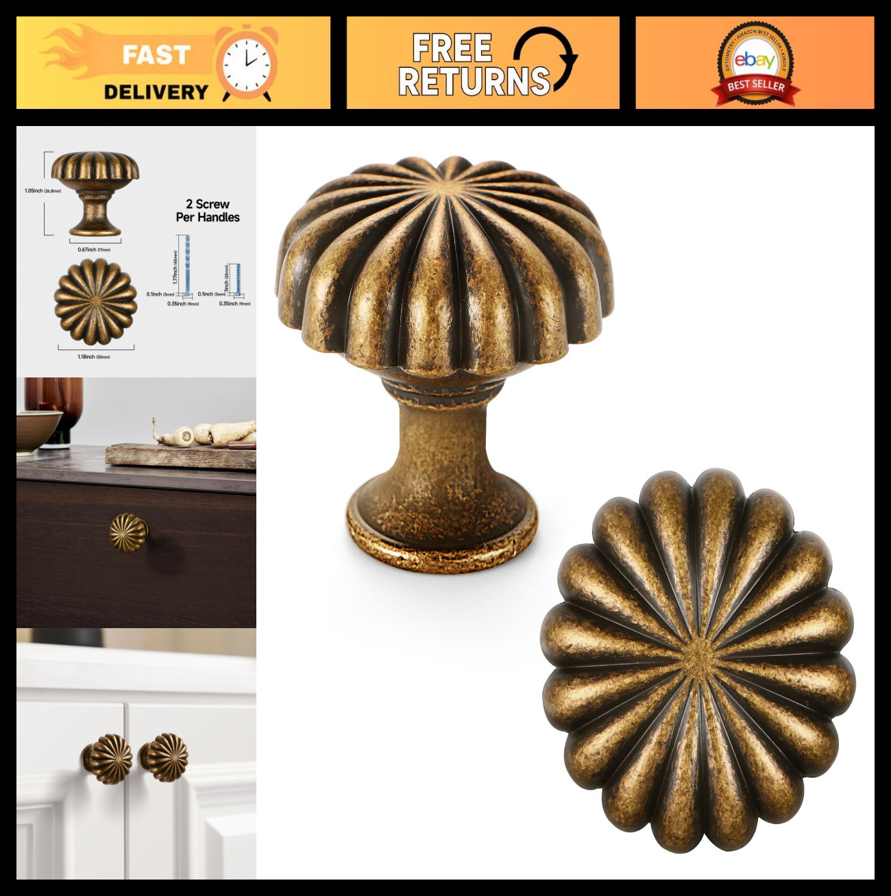 10 Pack Antique Brass Cabinet Knobs – Vintage Zinc Alloy Pulls for Kitchen & Dre