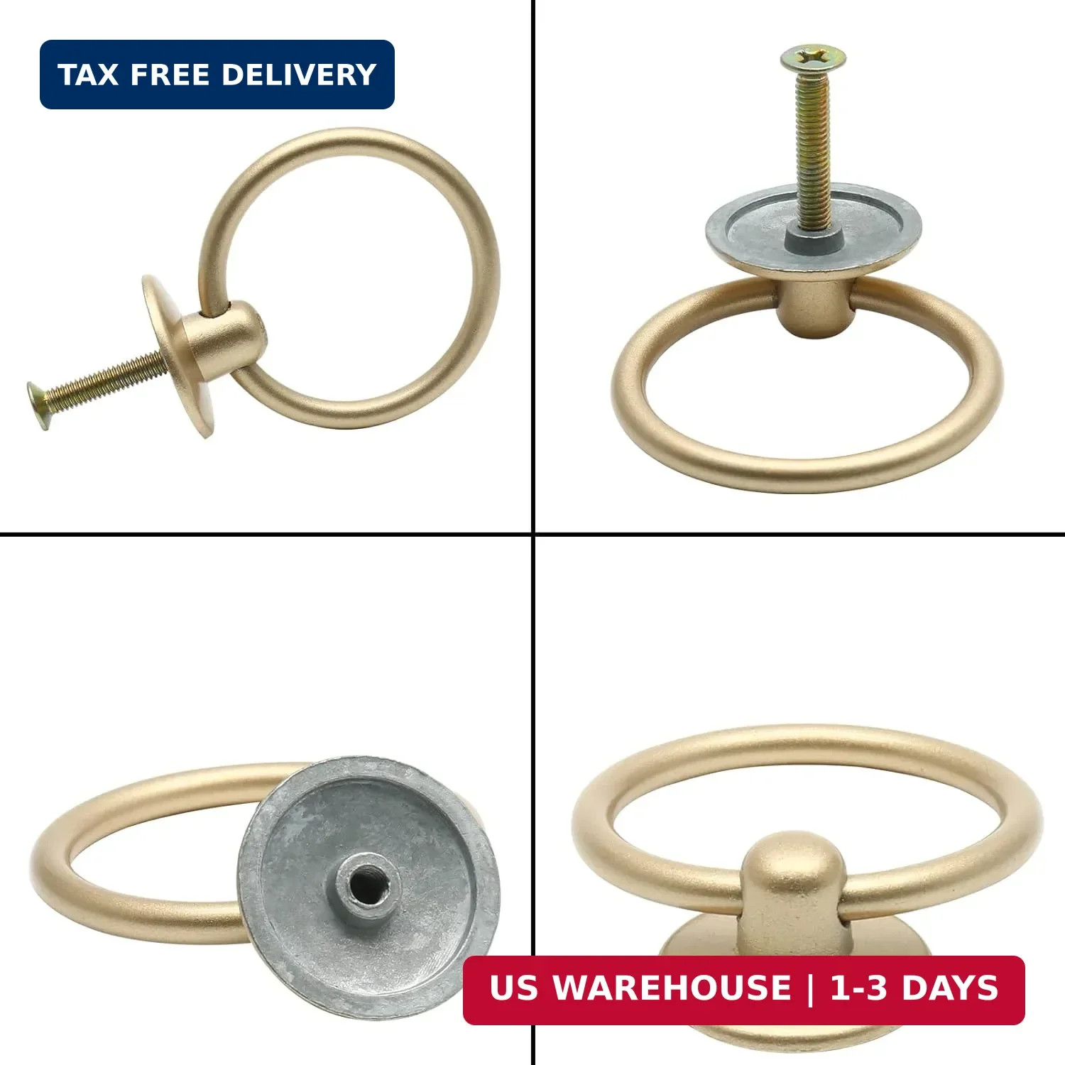 5Pcs Gold Ring Drawer Pulls, Brass Cabinet Ring Handles Drop Knobs Single Hole D