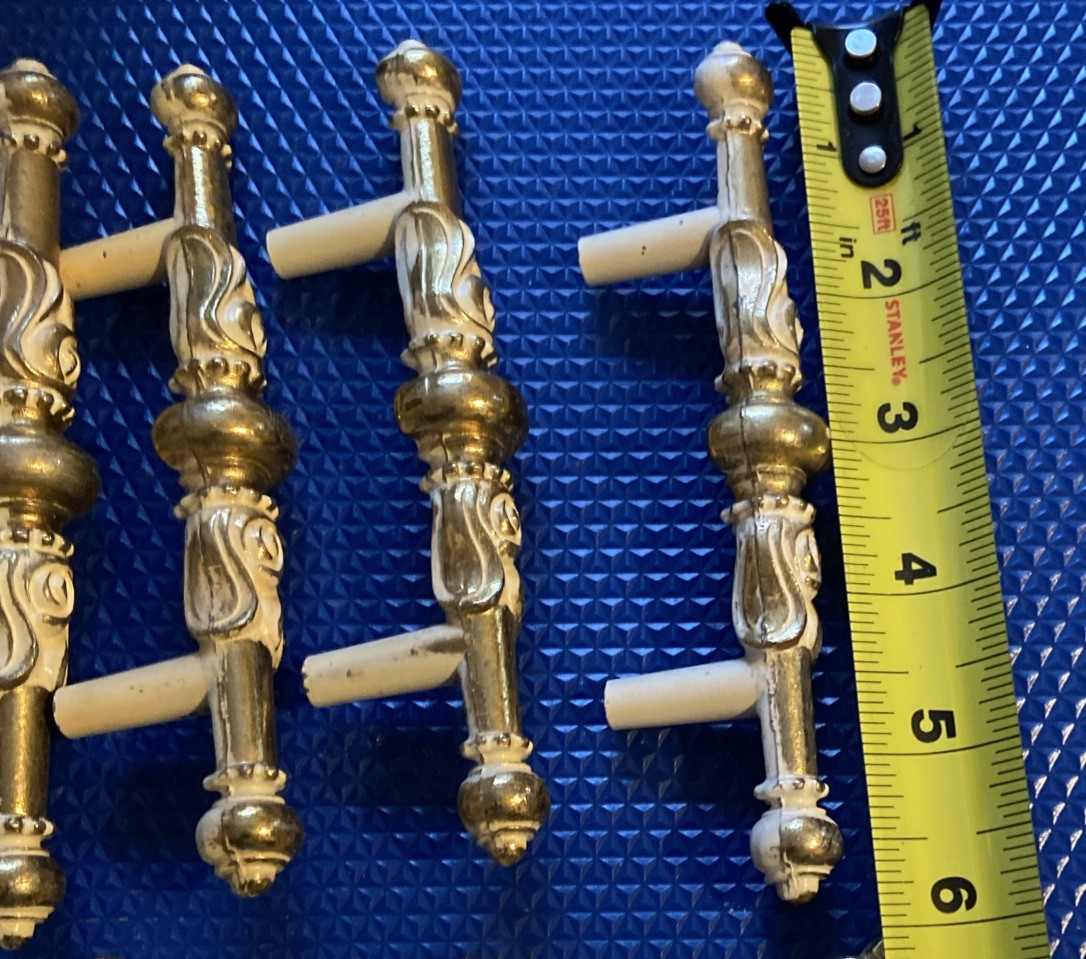 4 Vintage 50’s 60’s Ajax English Provincial White Gold Handle Pulls Backplates