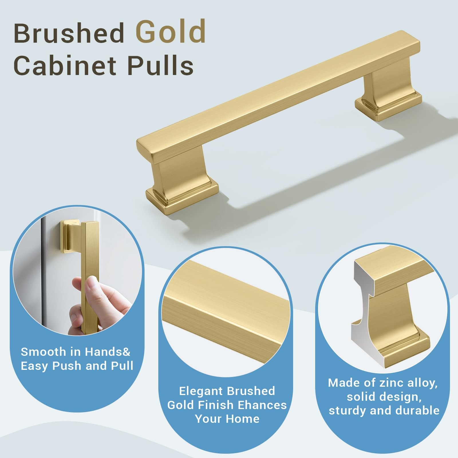 Knobwell 6 Pack Brushed Gold Solid Cabinet Pulls 3-3/4 Inch96Mm Hole Center