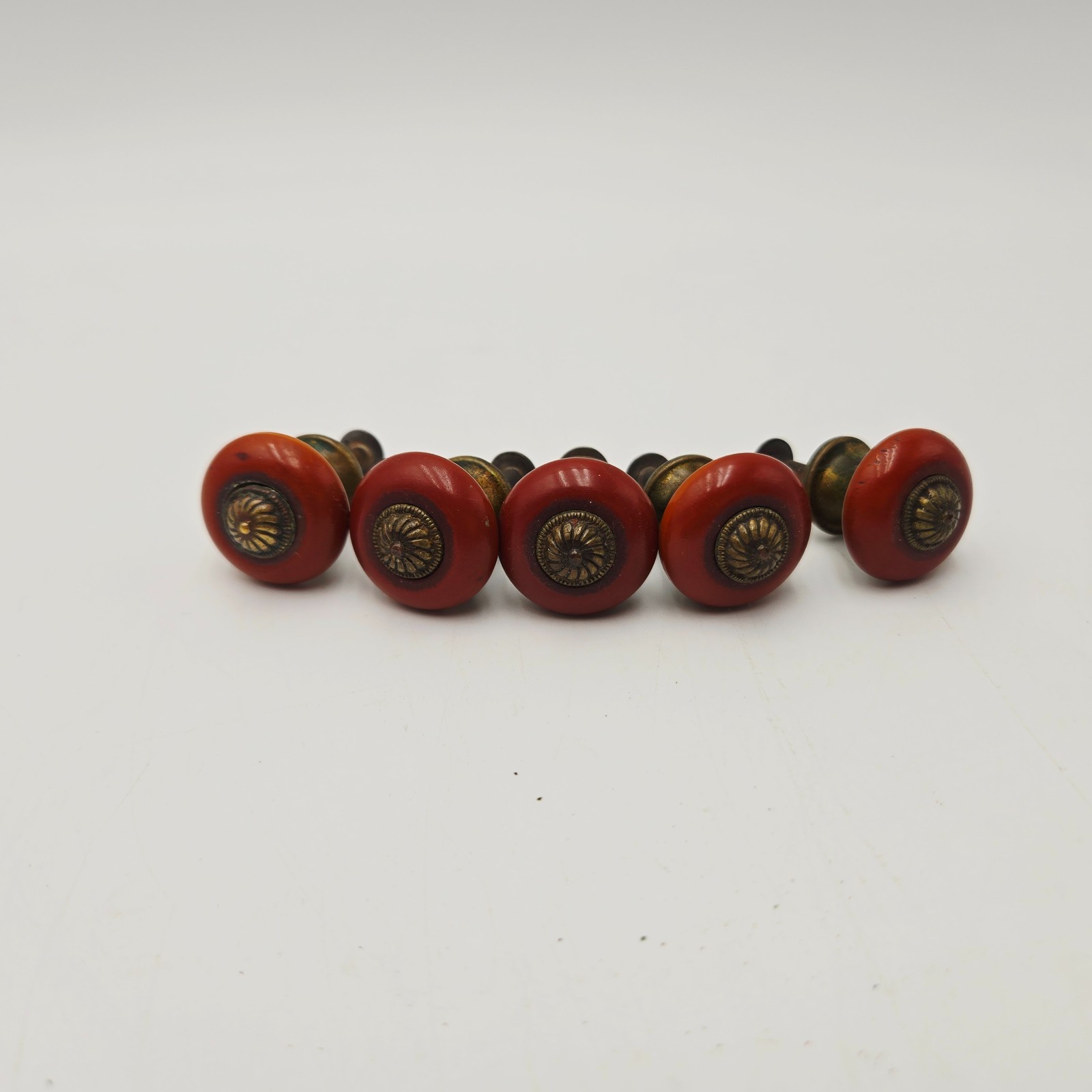 Set of 5 Vintage Red Bakelite and Brass Knobs for Furniture-Drawer Pulls