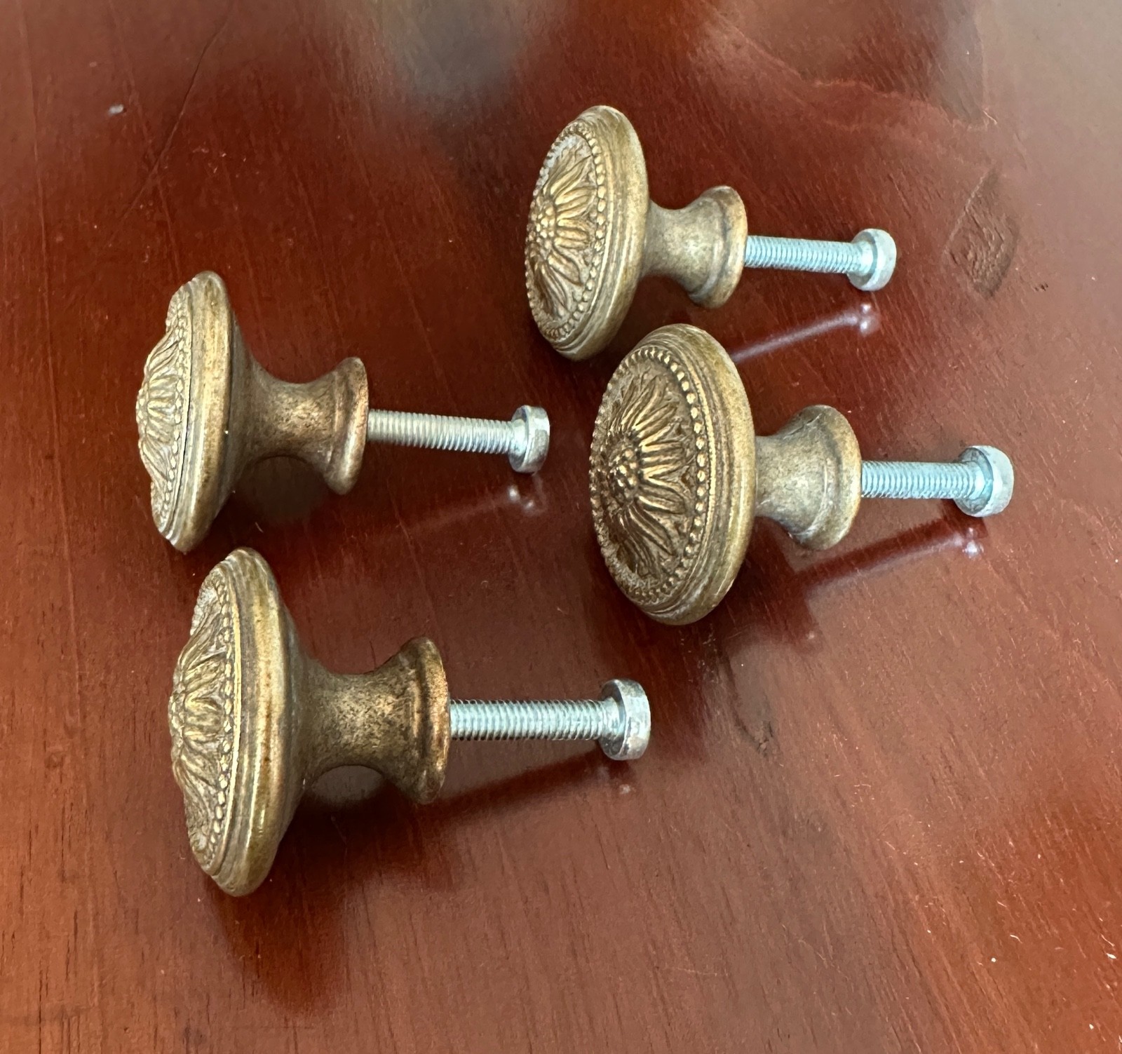 4 Vintage Solid Brass Dresser Drawer Round Pulls Knobs SUNFLOWER Center 1 1/4″
