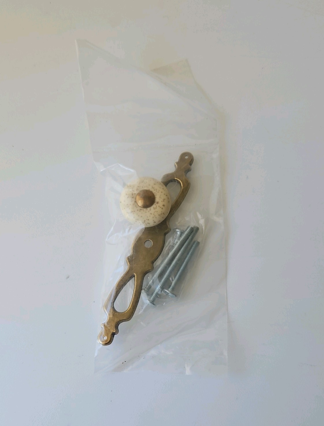 Vintage Beige Speckled Porcelain Knob & Backplate Cabinet Door Drawer Pulls NOS