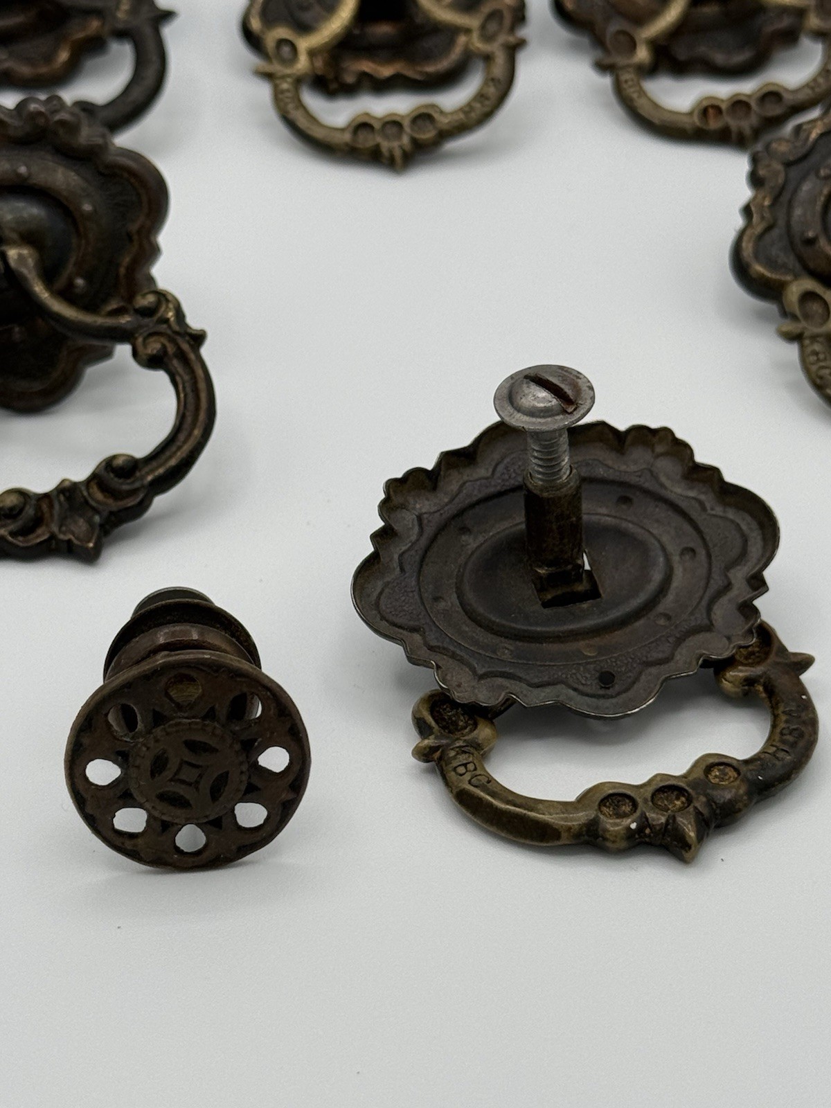 Lot of 8 Ornate Brass Tone Bail Drawer Pulls w/ Backplates, Metal, Rusted
