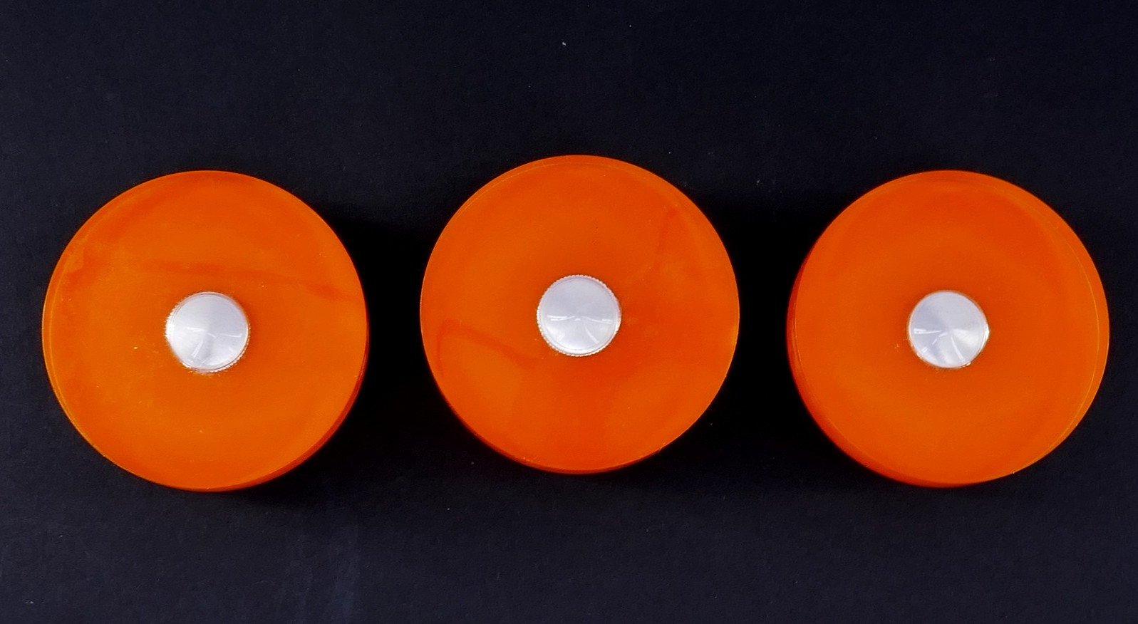 3 LARGE ORANGE LUCiTE MiD CENTURY 2-1/2″ ROUND CABiNET DRESSER DRAWER PULL KNOB