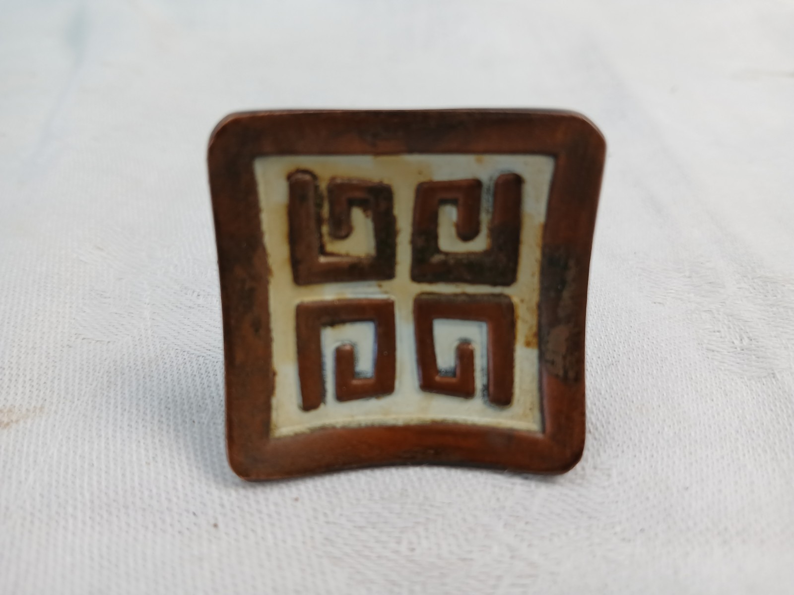 Vtg Set 2 Drawer Pull Handle + Knob Copper Enamel Asian Greek 3″ Centers MCM