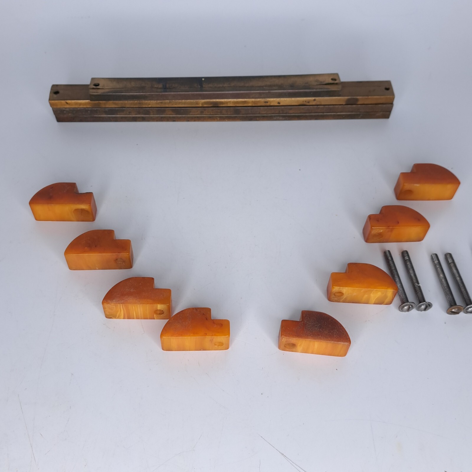 4 Antique ART DECO Butterscotch Bakelite Brass Plated Bar Drawer Pulls Reclaimed