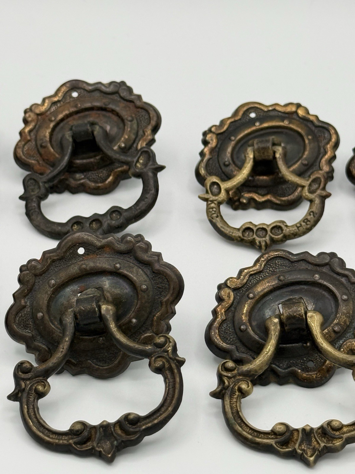 Lot of 8 Ornate Brass Tone Bail Drawer Pulls w/ Backplates, Metal, Rusted