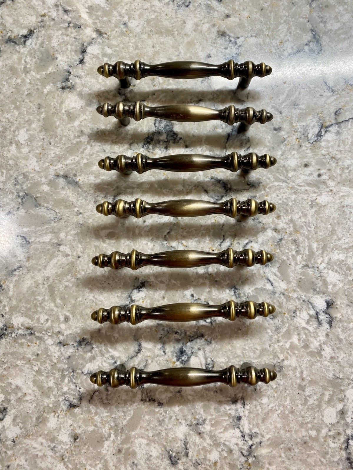 Lot of 7 Traditional Antique Brass Drawer Pulls Bar Handles with Posts
