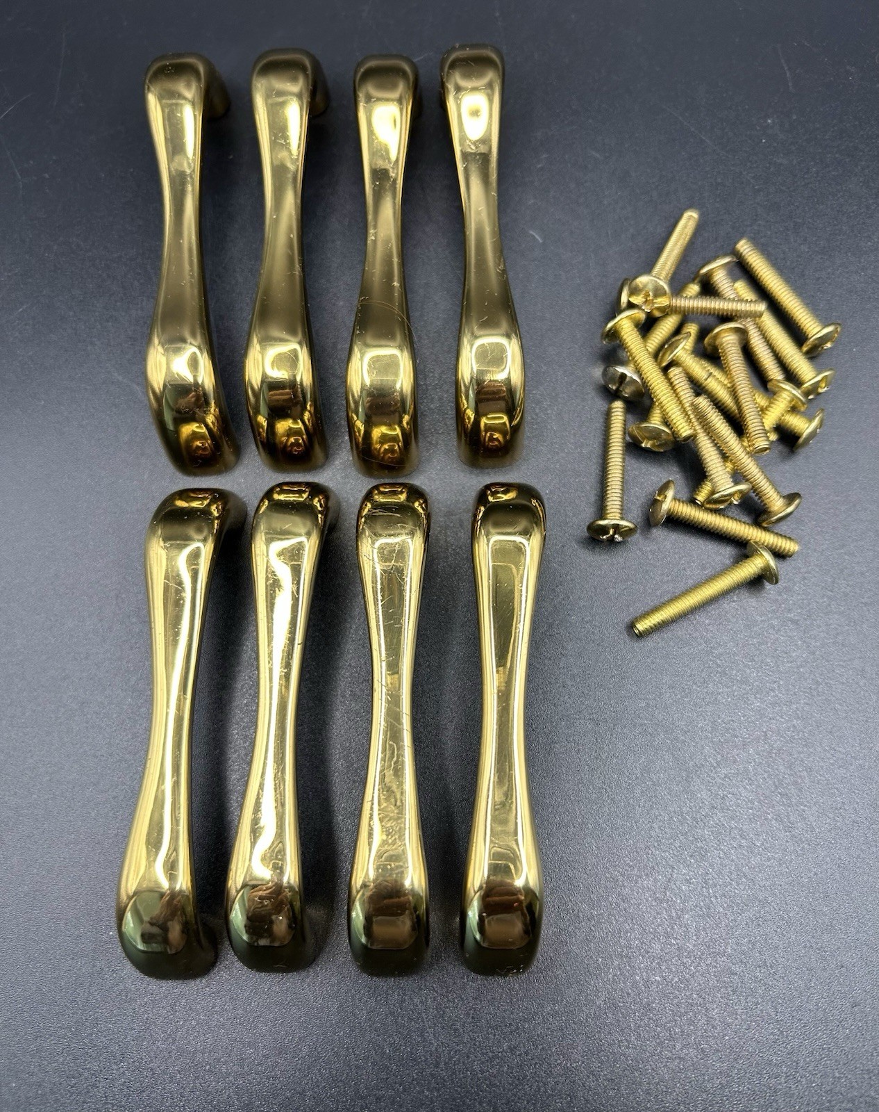 Vtg Solid Polished Brass Drawer Pulls Contoured Bar 3.5” Lot Of 8 With Screws