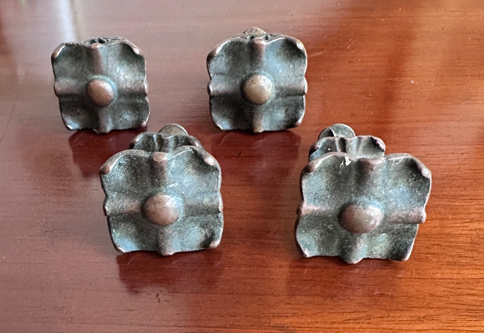 4 Antique Victorian Eastlake Cast Bronze Drawer Knob Pulls w/Scalloped Backplate