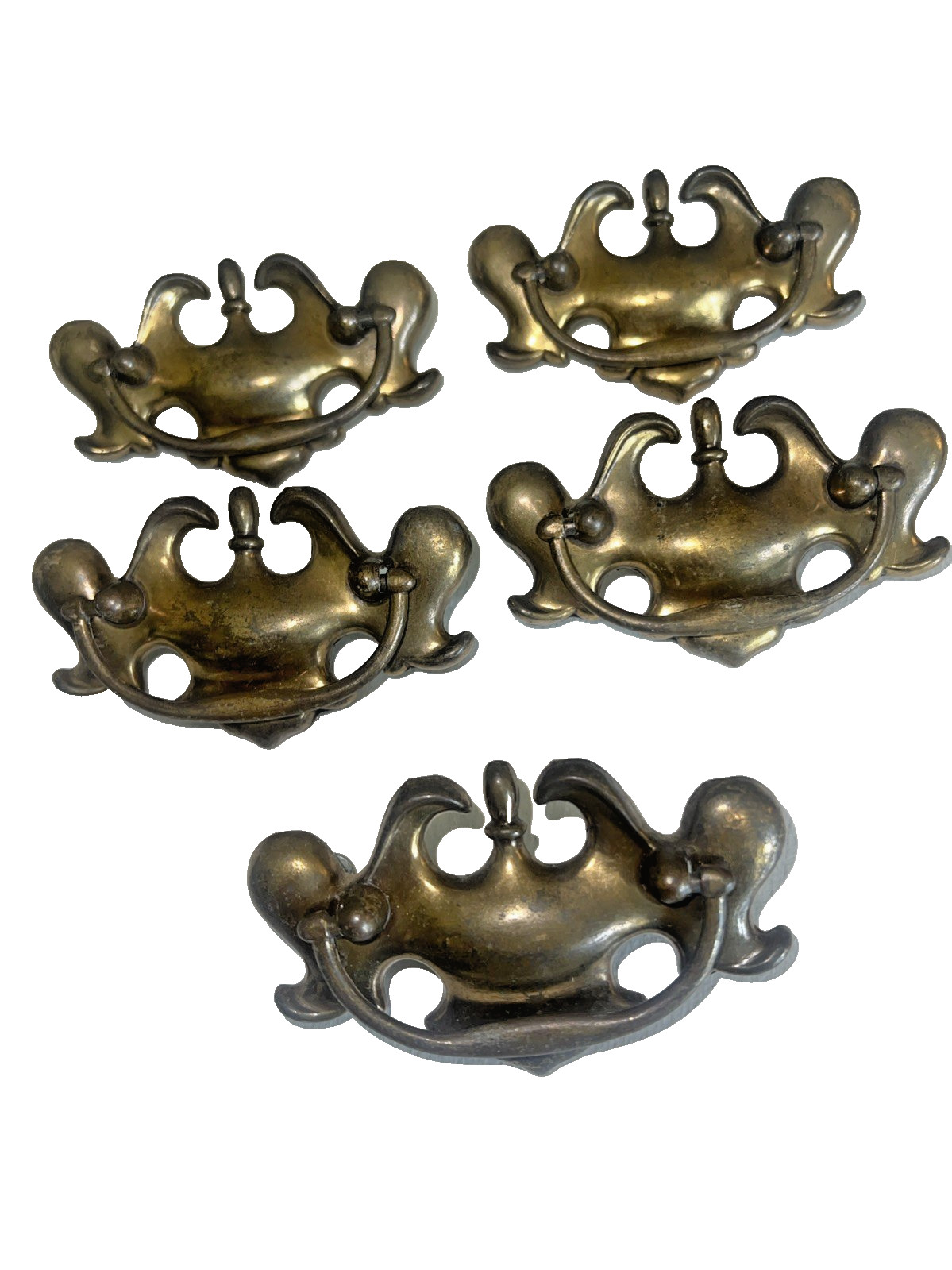 Chippendale Colonial Brass Antique Hardware Batwing Drawer Pulls Handles 5 Total